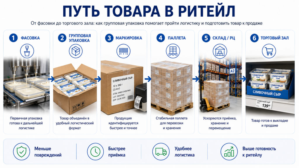 Путь товара в ритейл: фасовка, групповая упаковка, маркировка, паллета, склад и торговый зал